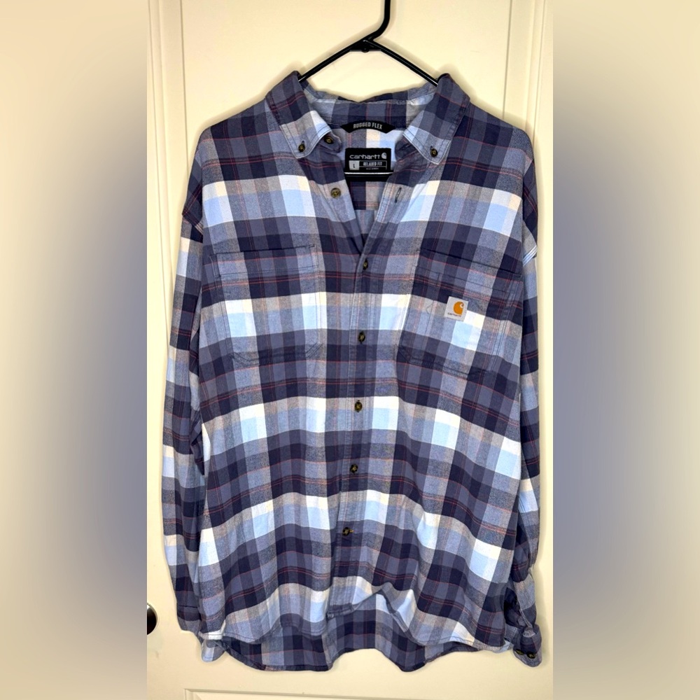 Carhartt Blue and White Flannel Casual Button Down Shirt Size Large